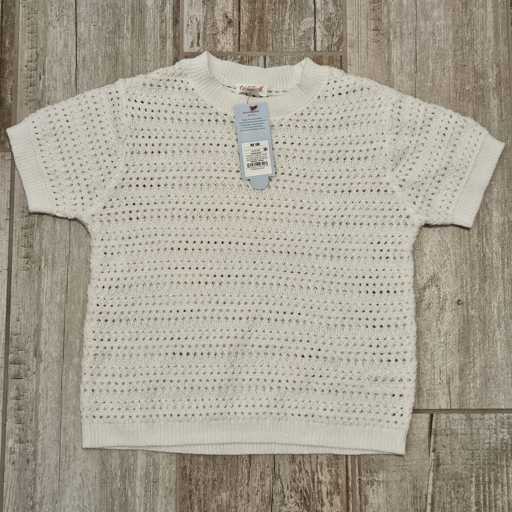 Girls Cream Open-Knit Short Sleeve Sweater Top
